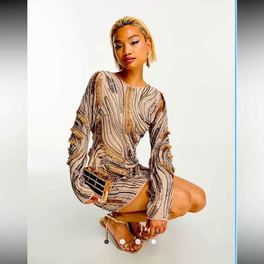 ASOS Beaded Long-Sleeve Mini Dress in Nude and Gold